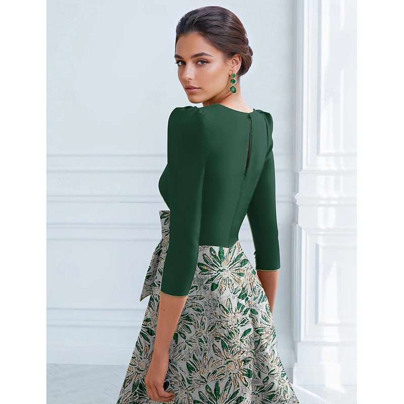 Floral Jacquard A-Line Cocktail Dresses Elegant Dress Formal Wedding Tea Length Midi Length  3/4 Length Sleeve V Neck Stretch Crepe with Bow(s) Pleats Pocket3