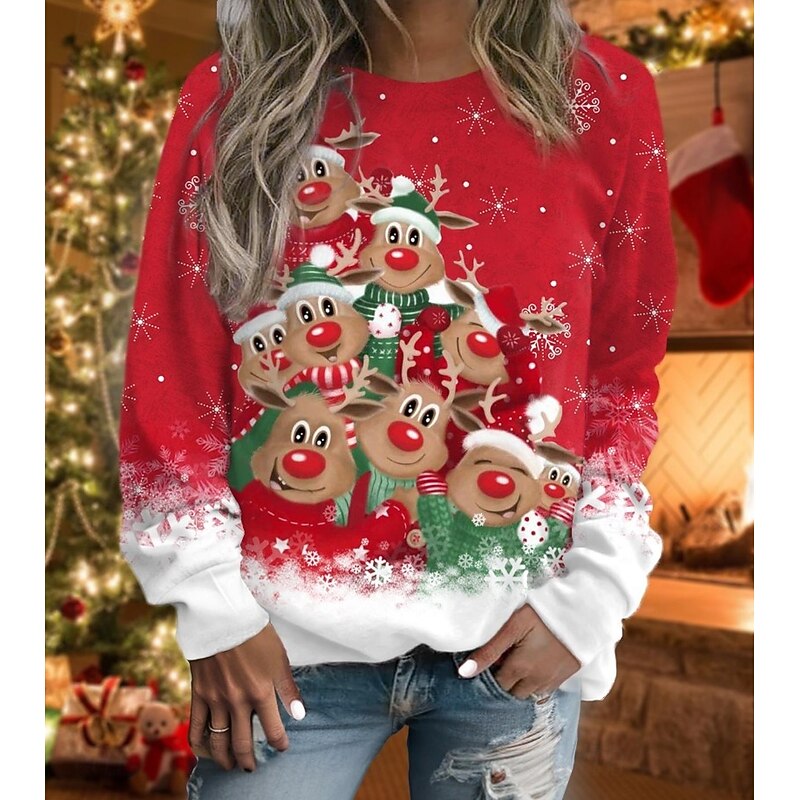 Women's Pullover Sweatshirt Hoodies Graphic Snowman Christmas Fashion Casual Long Sleeve Round Neck Regular Tops Street Dailywear Casual Print Black Red Blue Purple Fuchsia Fall Winter