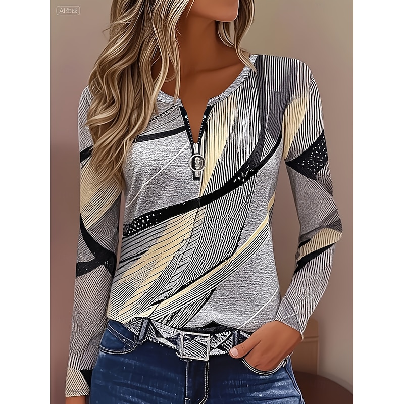 Women's Pullover Sweatshirts Zip Up Sweatshirts Set Geometric Christmas Casual Print Long Sleeve Crew Neck Regular Tops Home Casual Holiday Zip Up Print Red Blue Gold Spring, Fall, Winter, Summer2