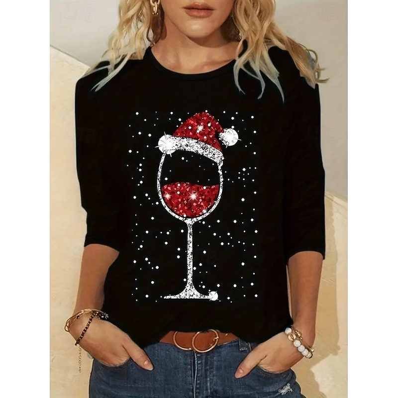Christmas Women's T Shirt Graphic Snowflake Wine Glass Vintage Fashion Stylish Long Sleeve Crew Neck Round Neck Regular Tops Daily Weekend Print Black Spring Fall Winter