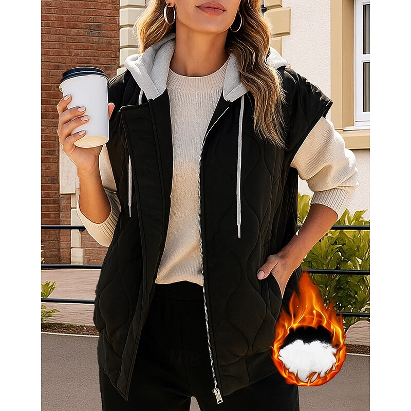 Women's Fleece Vest Winter Vest Lounge Top with Pockets Short Sleeve Top Athleisure Solid Colored Windproof Warm Hiking Travel Vacation Sportswear Activewear Black Pink Red