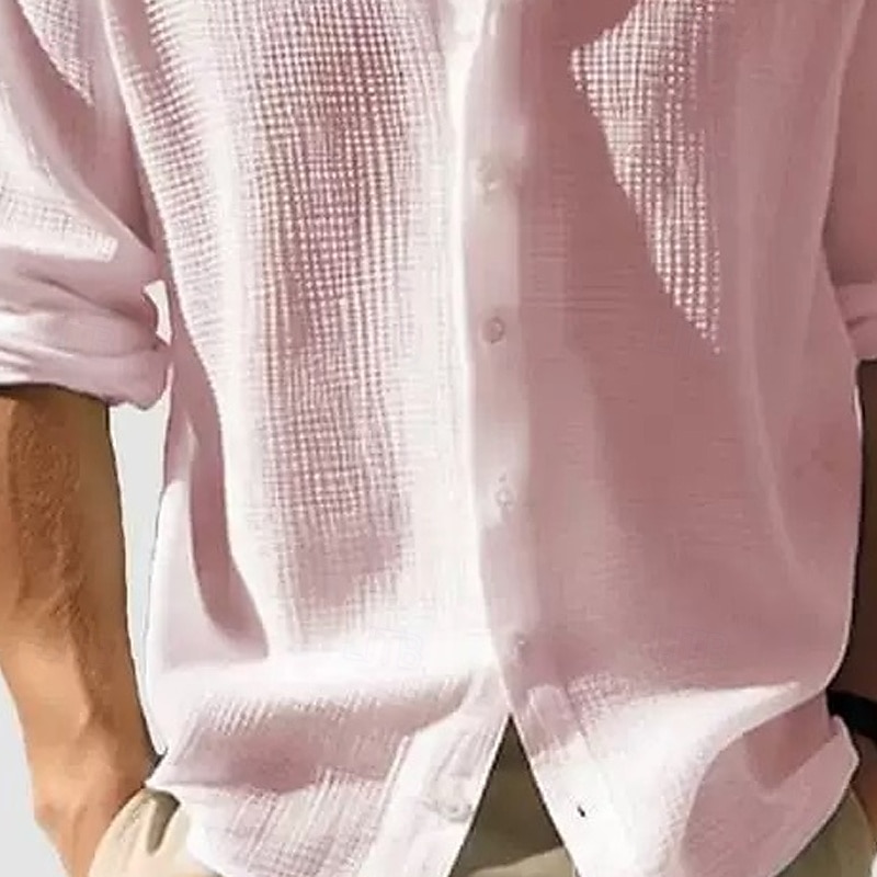 Men's Shirt Waffle Shirt Casual Shirt Button Up Shirt White Pink Blue khaki Light Grey Long Sleeve Plain Lapel Daily Going out Plain Clothing Apparel Fashion Modern Casual Comfortable3