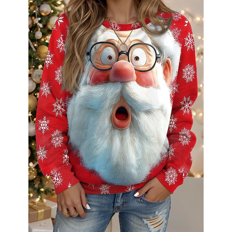 Women's Pullover Sweatshirt Cat Christmas Tree Christmas Casual Long Sleeve Crew Neck Regular Tops Street Dailywear Casual Black Yellow Wine Red Spring Fall Winter