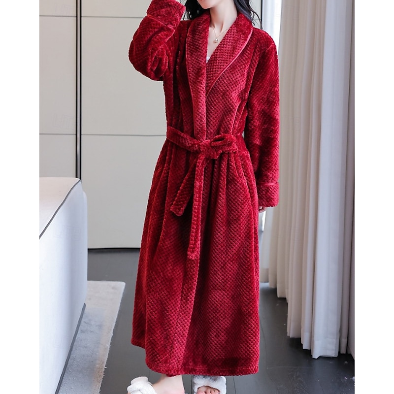 Women's Pajamas Robe Casual Pure Color Pocket Vacation Home Bed Long Sleeve V Neck Black White Wine Navy Blue Gray Fall Winter Tailored Fit4