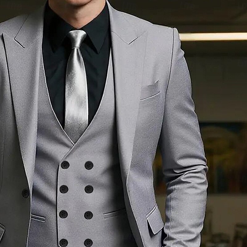 Men's Wedding Casual Business Suits Peaked Lapel Light Khaki Navy Blue Formal Solid Colored Slim Fit 3 Piece Single Breasted One-button2