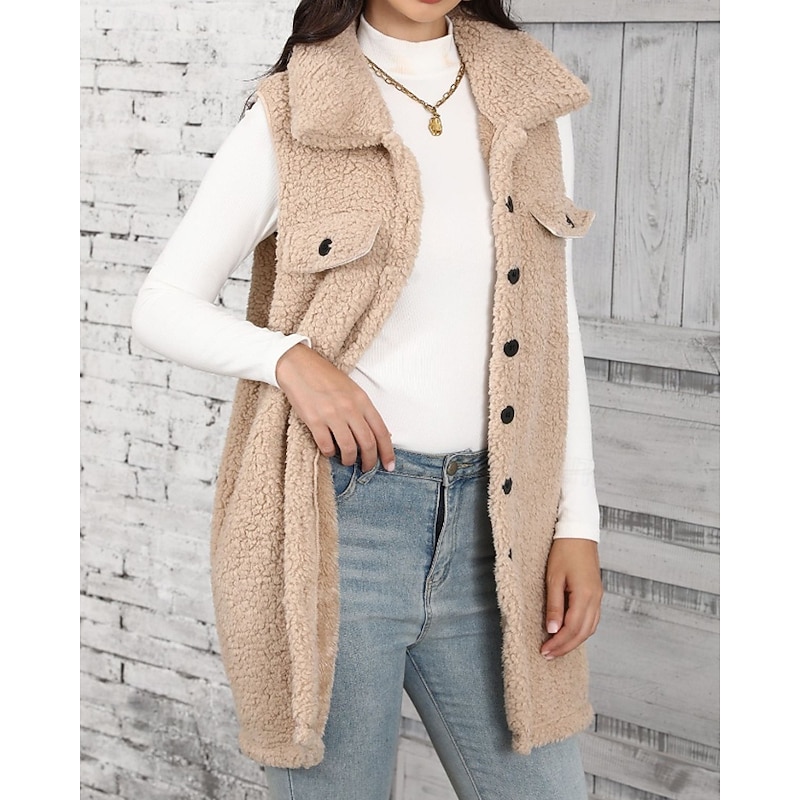 Women's Vest Comfortable Pocket Buttons Casual Solid Color Vacation Street Casual Daily Wear Regular Long Turndown Regular Fit Sleeveless Outerwear Khaki Fall Winter2