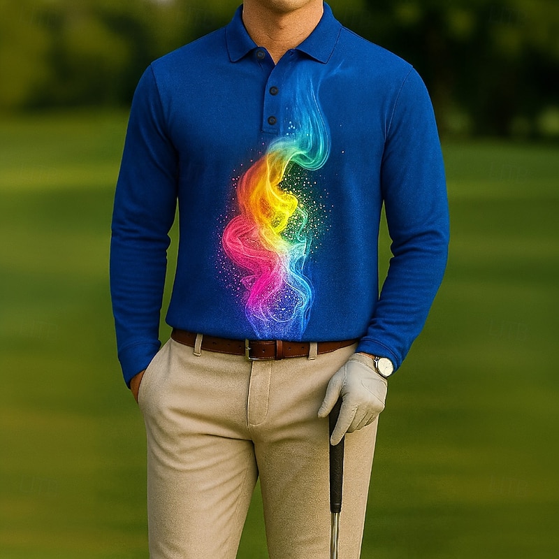 Men's Graphic Golf Polo Long Sleeve Polo Shirts Lapel Casual Outdoor Athleisure Daily Wear 3D Print Buttons Spring Fall Winter Black Dark Blue Light Blue2