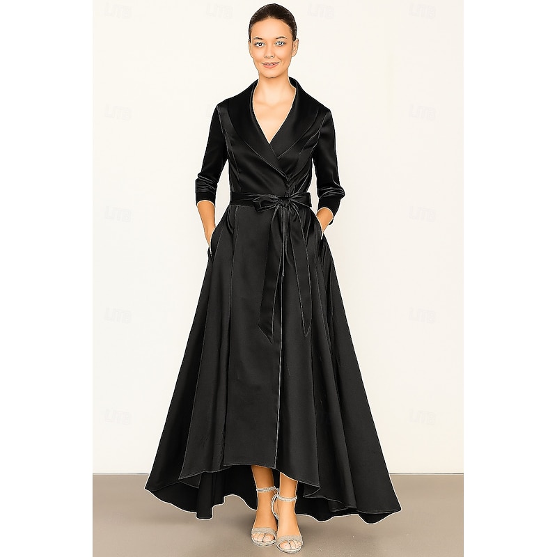 Tuxedo Dress A-Line Formal Wedding Wedding Guest Satin Elegant Vintage 3/4 Sleeve Pleated Ankle Length Shawl Lapel4