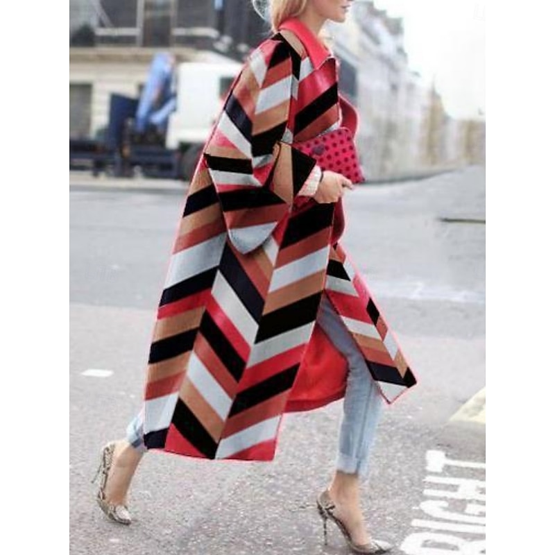 Women's Winter Coat Comfortable Breathable Print Artistic Casual Geometric Vacation Street Casual Daily Wear Open Front Long Turndown Regular Fit Long Sleeve Outerwear Red Blue Fuchsia Spring Fall4