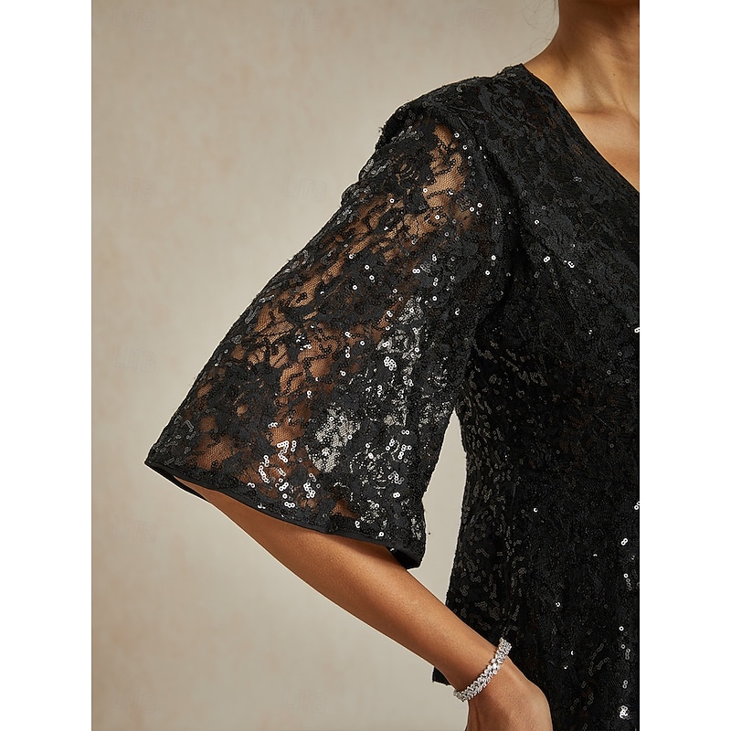 Women's Blouse Lace Tops Evening Tops Sequin Tops Elegant Party V Neck Regular Tops Wedding Guest Cocktail Attire Sequins Lace Black Spring, Fall, Winter, Summer3