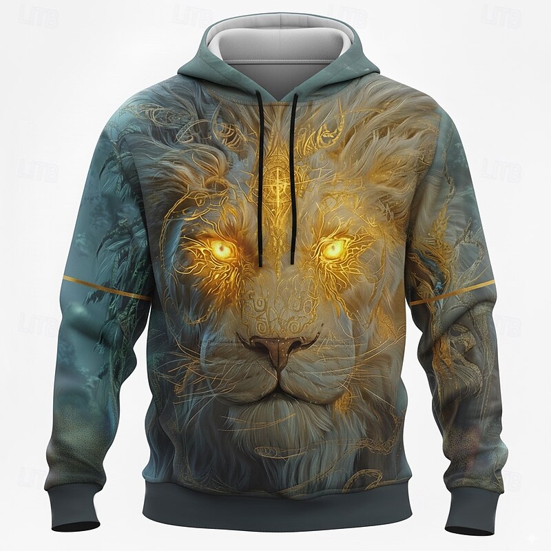 Men's Lion Hoodie Sweatshirt 3D Fantasy Crew Neck Gift Club Streetwear Black Blue Drawstring Fall Winter Designer2