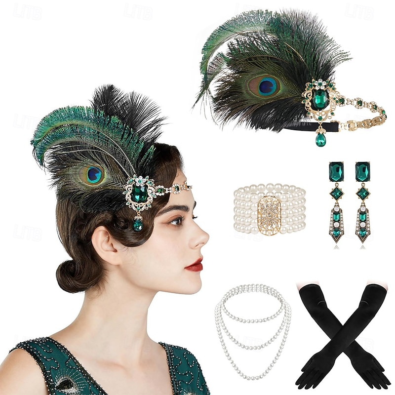 Women's 1920s Gatsby Flapper Style Jewelry Set  -Peacock Feather Headband, Pearl Bracelet, Earrings, Necklace, and Gloves for Vintage Party and Evening Wear