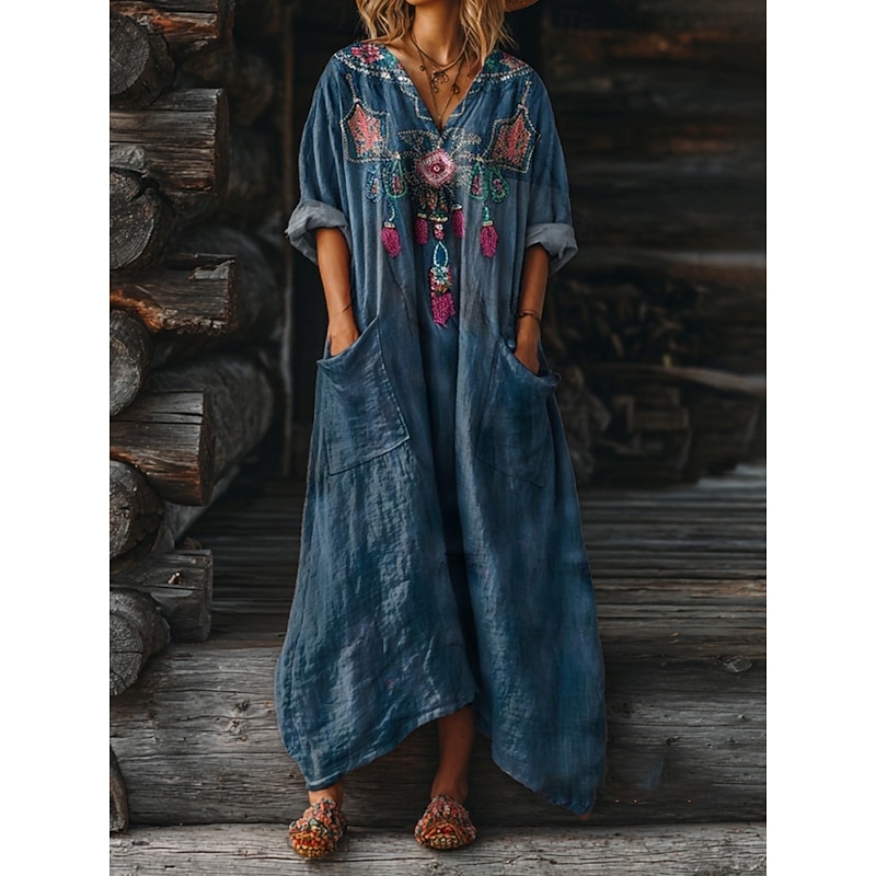 Women's Maxi Dress A Line Dress Vacation Casual Daily Regular Fit Floral Graphic Paisley Long Sleeve V Neck Deep Green Yellow Pink Blue Summer Spring Fall4