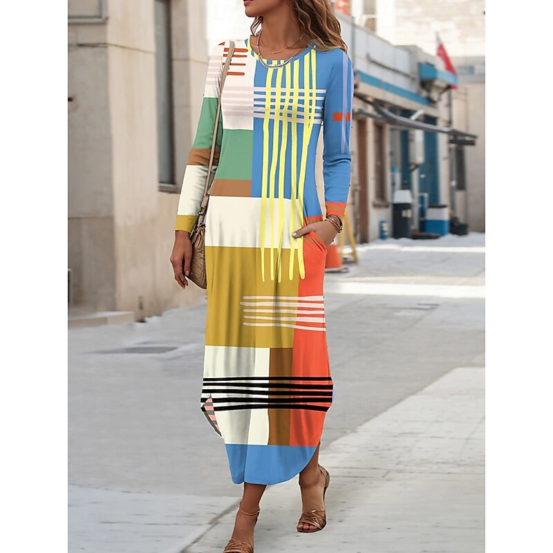 Women's Midi Dress Sheath Dress T Shirt Dress Tee Dress Vacation Casual Boho Holiday Date Regular Fit Graphic Geometric Abstract Long Sleeve Crew Neck Yellow Pink Blue Purple Spring Fall Winter Autumn
