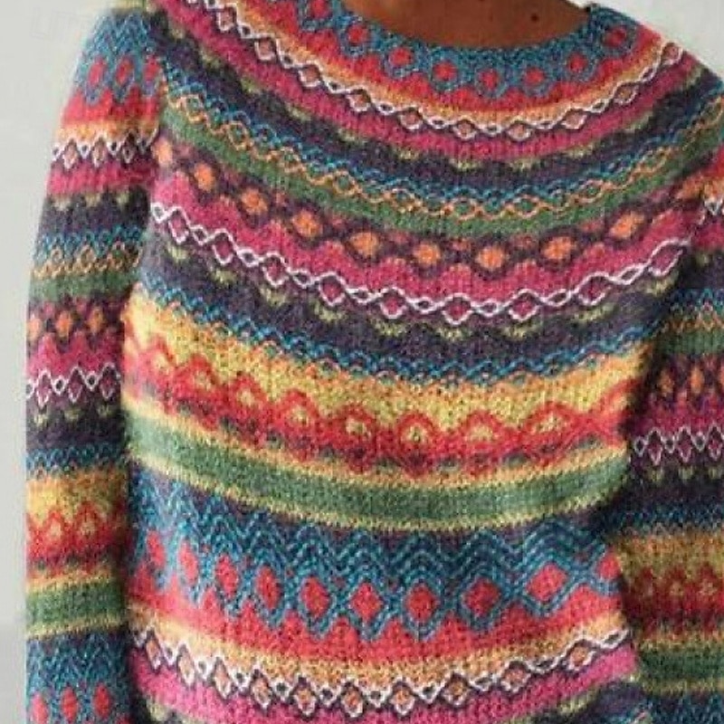 Women's Sweater Fair Isle Sweater Casual Soft Floral Ribbed Crew Neck Knitted Long Sleeve Regular Tops Knit Daily Holiday Going out Pink Fall2