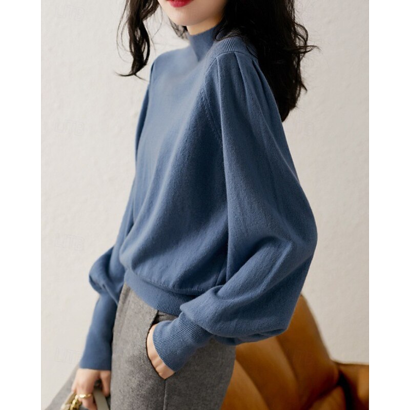 Women's Sweater Pullover Streetwear Casual Solid Color Stand Collar Knitted Long Sleeve Regular Tops Knit Daily Going out Weekend Black Blue Fall Winter