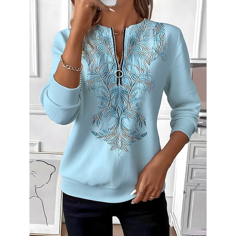 Women's Pullover Sweatshirt Zip Up Sweatshirts Floral Graphic Paisley Fashion Casual Long Sleeve Crew Neck Regular Tops Street Dailywear Casual Zipper Print Yellow Pink Light Purple Light Blue Fall