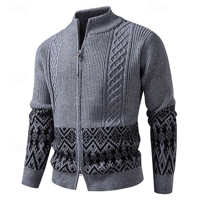 Men's Sweater Cardigan Sweater Fair Isle Sweater Ribbed Cable Knit Regular Tops Patchwork Color Block Plain Stand Collar Vacation Fashion Casual Daily Wear Clothing Apparel Spring &  Fall Black Green3