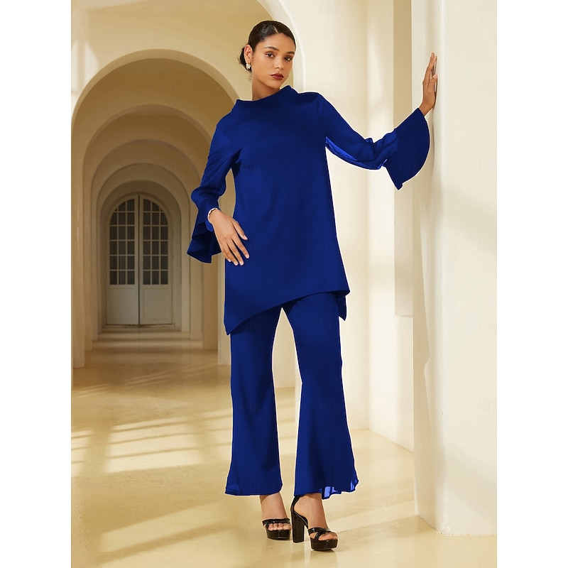 Women's Royal Blue Solid Chiffon Tencel Roma Patchwork Ruffle Three Quarter Sleeve Stand Collar Blouse2