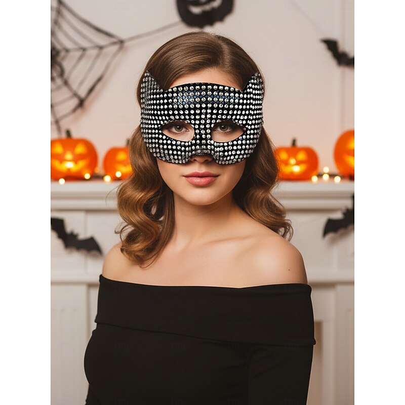 Women's Halloween Cat Eye Mask with Rhinestone Studs - Glamorous Costume Accessory for Masquerade, Cosplay and Party Events