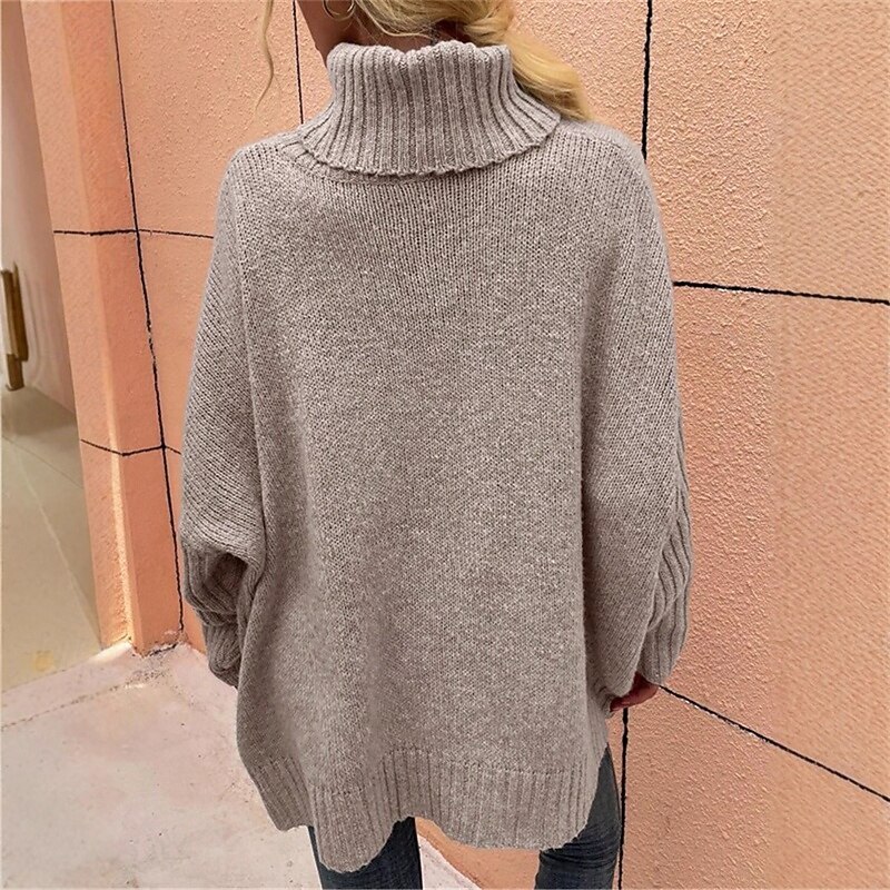 Women's Sweater Fashion Streetwear Casual Pure Color Ribbed Turtleneck Knitted Long Sleeve Regular Tops Knit Outdoor Daily Weekend Khaki Fall Winter2