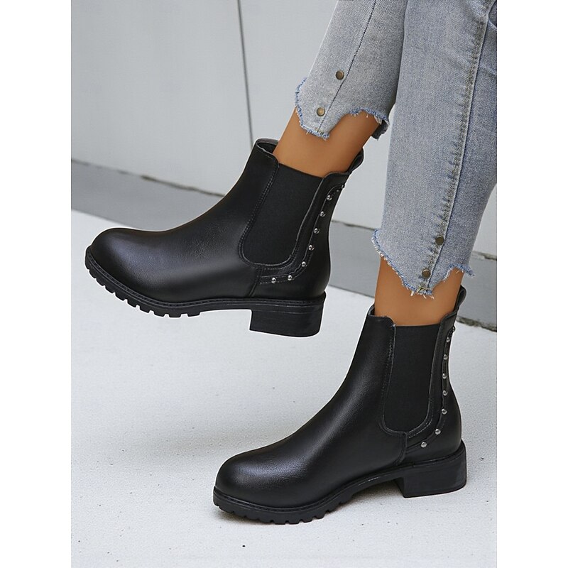Women's Black Chelsea Boots with Low Heel and Studded Details – Classic Slip-On Ankle Boots for Daily Wear3