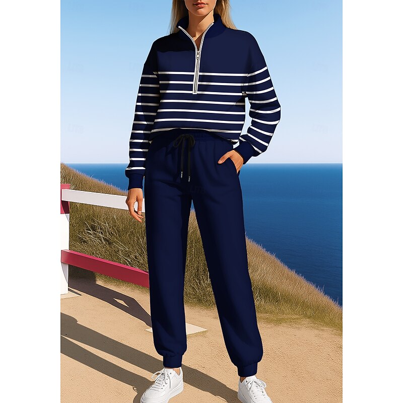 Women's Sweatshirt Tracksuit Sweatsuit Drawstring Zipper Geometric Jacket and Sweatpants Athletic Clothing Set Spring Dark Navy Casual Workout Outdoor Soft Baggy Long Sleeve Sport Activewear Stretchy3