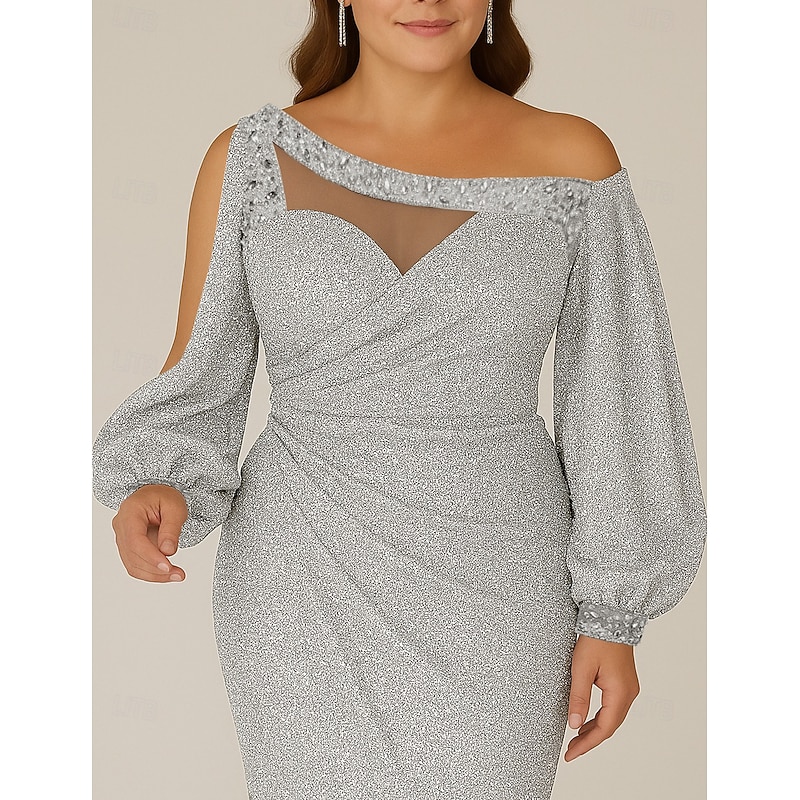 Mermaid Sequin Evening Gown Party Dress Formal Sweep / Brush Train Long Sleeve Scoop Neck with Glitter Ruched Slit Masquerade Dress3