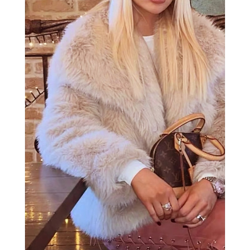 Women's Faux Fur Coat Warm Comfortable Furs & Leathers Casual Plain Street Casual Holiday Going out Short Regular Turndown Regular Fit Long Sleeve Outerwear Apricot Fall Winter2