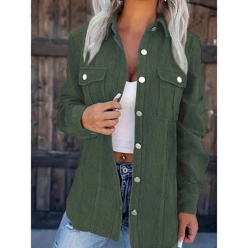 Women's Casual Jacket Shacket Comfortable Breathable Pocket Buttons Casual Plain Vacation Street Casual Daily Wear Single Breasted Regular Turndown Regular Fit Long Sleeve Outerwear Black Green