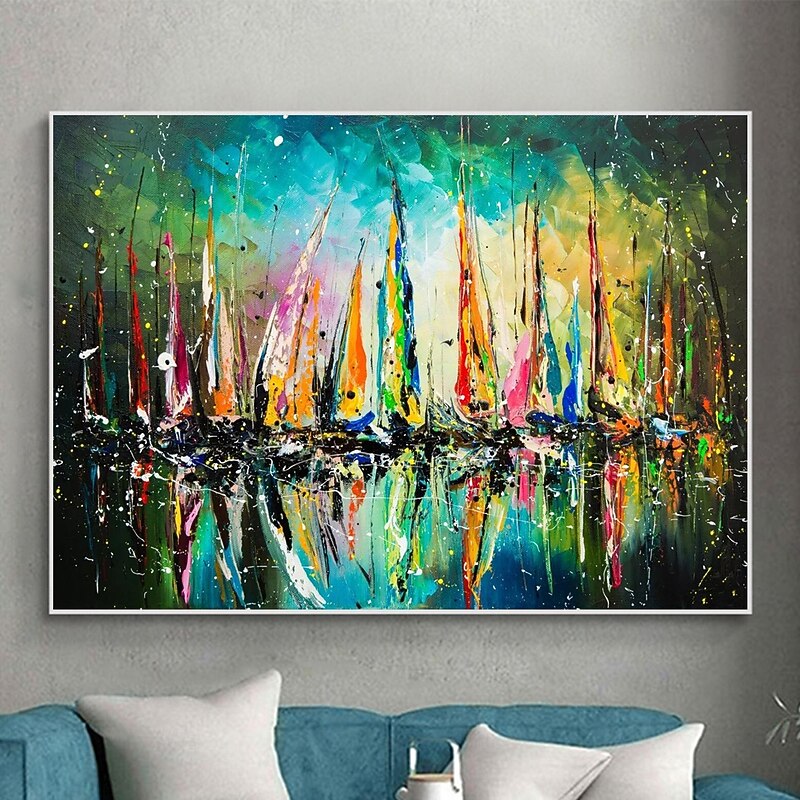 Original Painting On Canvas, Abstract Colorful Sailboat Oil Painting, Seascape Painting, Large Wall Art,Living Room Wall Decor,Wall Hangings