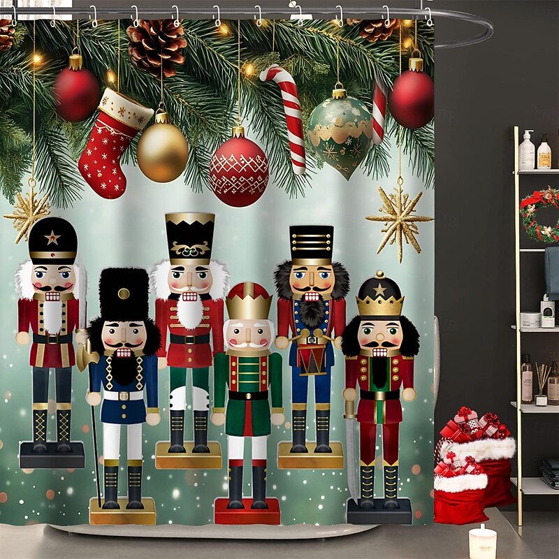 Christmas Shower Curtains Nutcracker Christmas Tree Ornament Balls Christmas Stockings Modern Waterproof Polyester Fabric Bathroom Home Decoration with Hooks Holiday Winter Festive Seasonal Decor