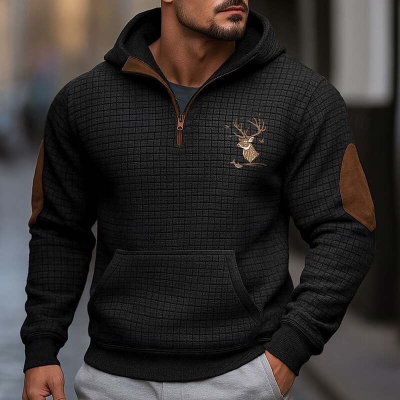 Men's Sweatshirt Waffle Sweatshirt Quarter Zip Sweatshirt Black Dark Gray Half Zip Reindeer Patchwork Print Textured Christmas Daily Holiday Streetwear Casual Fall Spring &  Fall Clothing Apparel