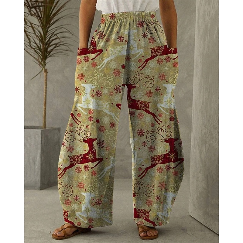 Women's Wide Leg Pants Trousers Vacation Vintage Ethnic Style Full Length High WaistPantsChristmas Reindeer Pocket Elastic Waistband Print Comfy Breathability Inelastic Vacation Casual Daily Khaki