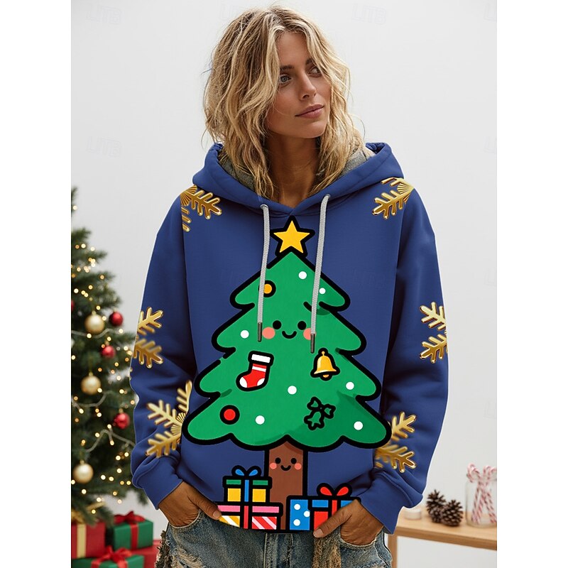 Women's Pullover Hoodies Christmas Tree Fashion Streetwear Casual Long Sleeve Hooded Regular Tops Dailywear Casual Drawstring Print Black Red Blue Green Spring Fall Winter4