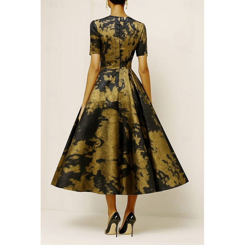 Black and Gold A-Line Cocktail Dresses Elegant Dress Formal Wedding Ankle Length Short Sleeve Crew Neck Pocket Nylon with Floral Print 20252