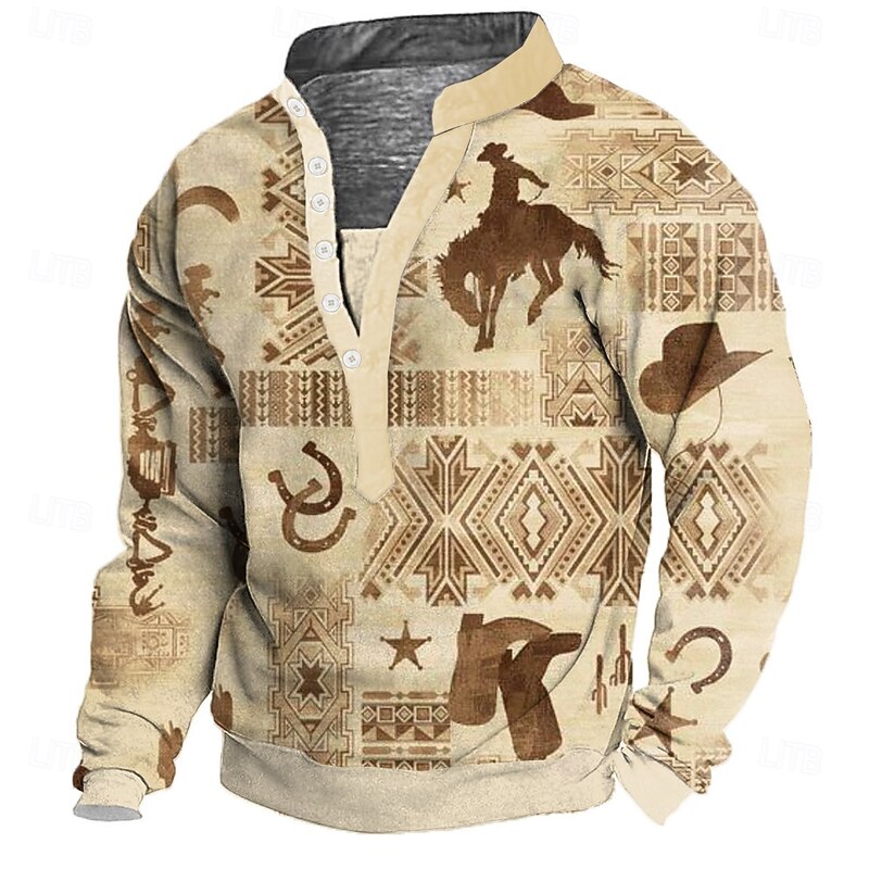 Men's Tribal Sweatshirt Ethnic 3D High Neck Gift Travel Streetwear Khaki Dark Blue Button Front Fall Winter Designer