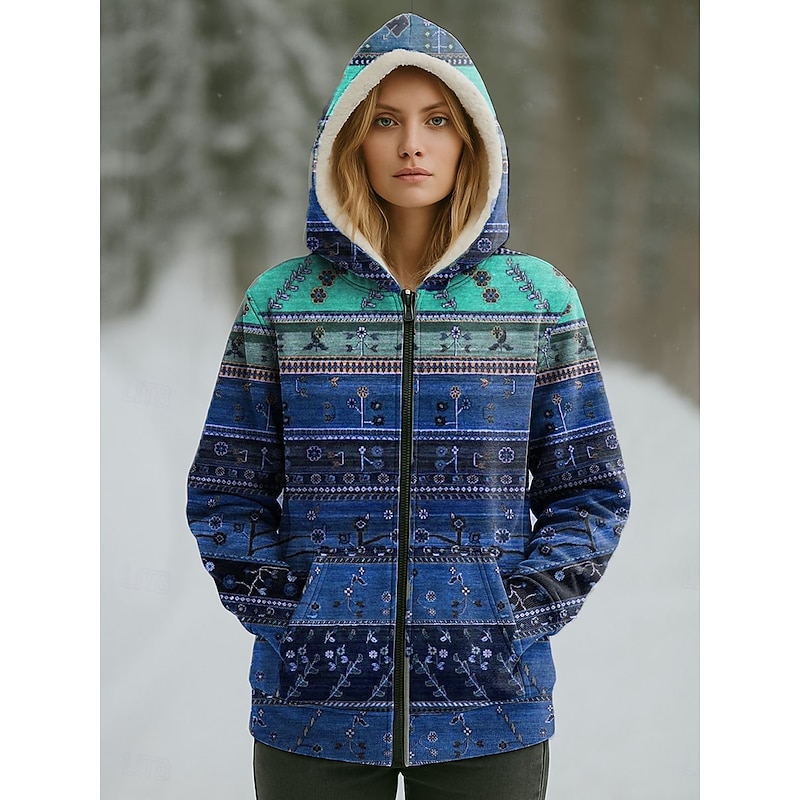 Women's Winter Coat Warm Zipper Pocket Print Casual Floral Casual Regular Hooded Regular Fit Long Sleeve Outerwear Pink Blue Purple Fall Winter3