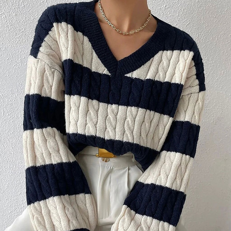 Women's Sweater Pullover Streetwear Casual Striped Cable V Neck Knitted Long Sleeve Regular Tops Knit Daily Holiday Going out Royal Blue Fall Winter3