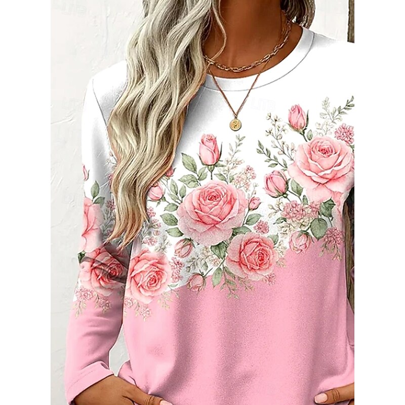 Women's T Shirt Floral Graphic Plants Vintage Stylish Classic Long Sleeve Crew Neck Round Neck Regular Tops Daily Print Pink Spring Fall Winter2
