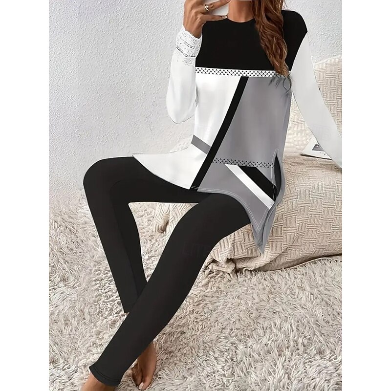 Women's Elegant Vacation Fashion Pants Sets Long Sleeve Round Neck Graphic Geometric Print Casual Daily Casual Daily Black Green Gray Spring Regular Fit