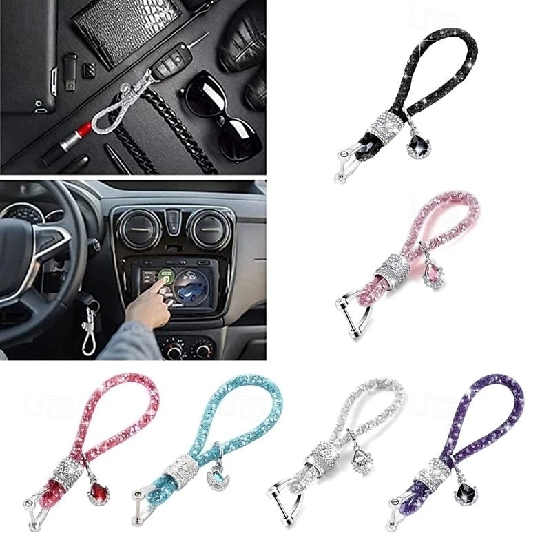 1pc Rhinestones Luxury Car Keychain Anti-lost Women Silver Buckle Car Key Ring Chain Holder Phone keyring Bling Accessories2