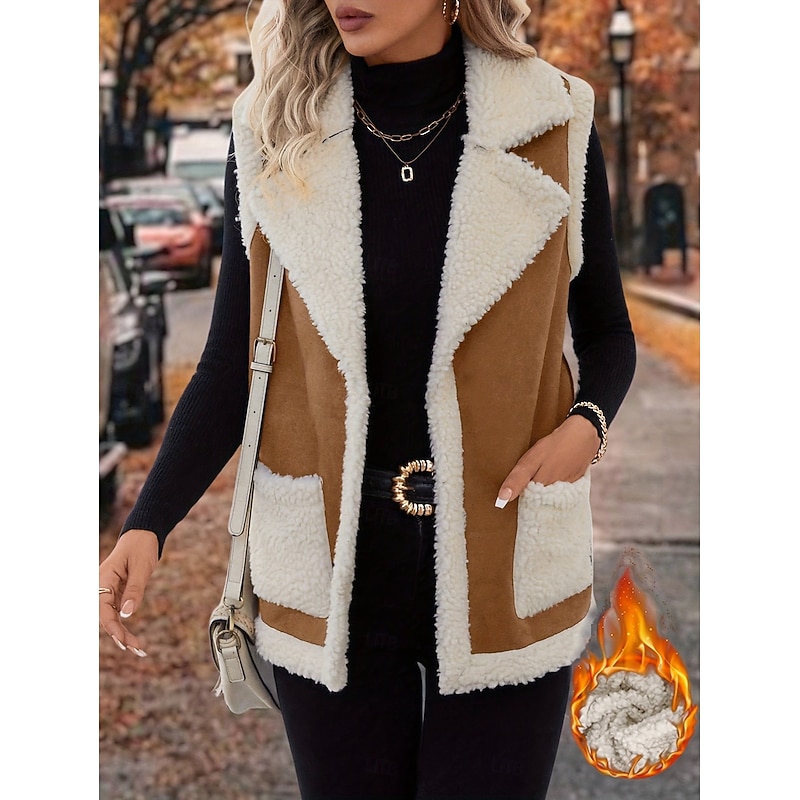 Women's Sherpa Jacket Comfortable Breathable Patchwork Casual Color Block Vacation Street Casual Daily Wear Open Front Short Notch Lapel Regular Fit Sleeveless Outerwear Black Khaki Spring Fall3