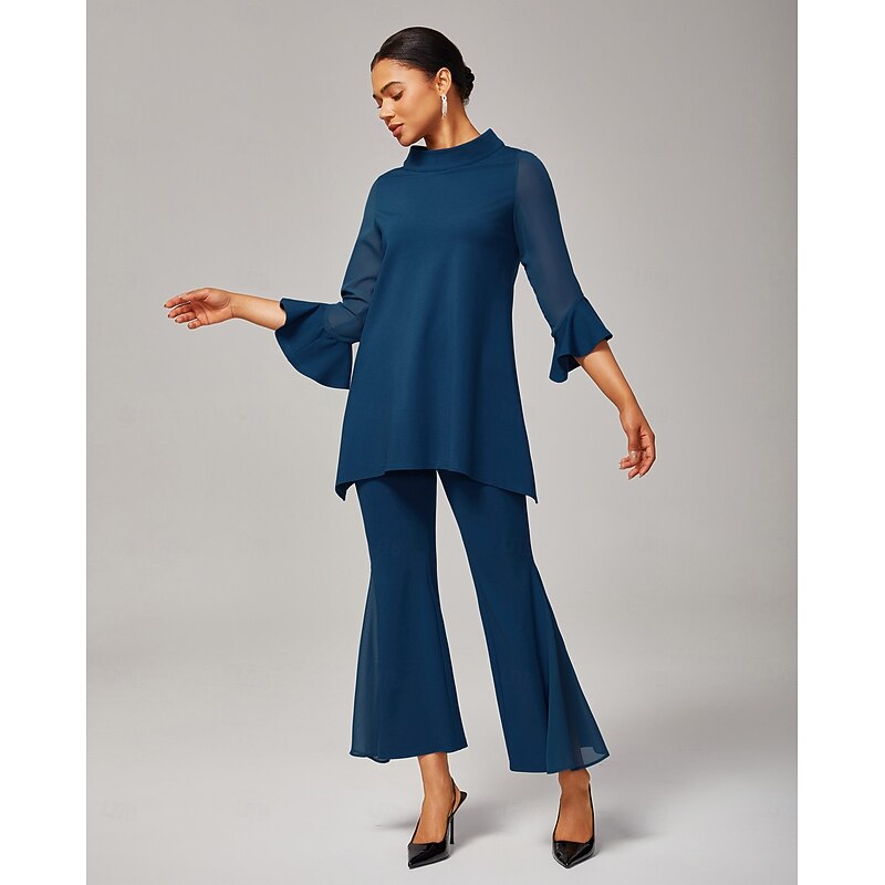 Women's Dark Blue Chiffon-Modal Slim-Fit Blouse with Sheer Sleeves Elegant Lightweight Breathable Office Dinner Date2