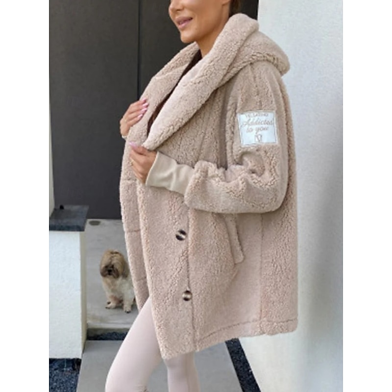 Women's Fleece Jacket Comfortable Breathable Pocket Casual Plain Vacation Street Casual Daily Wear Pullover Long Turndown Regular Fit Long Sleeve Outerwear Black White Pink Spring Fall4