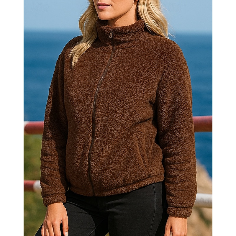 Women's Zip Up Jacket Polar Fleece Jacket Long Sleeve Top Athleisure Solid Colored Windproof Warm Hiking Travel Vacation Sportswear Activewear Black Green Coffee3