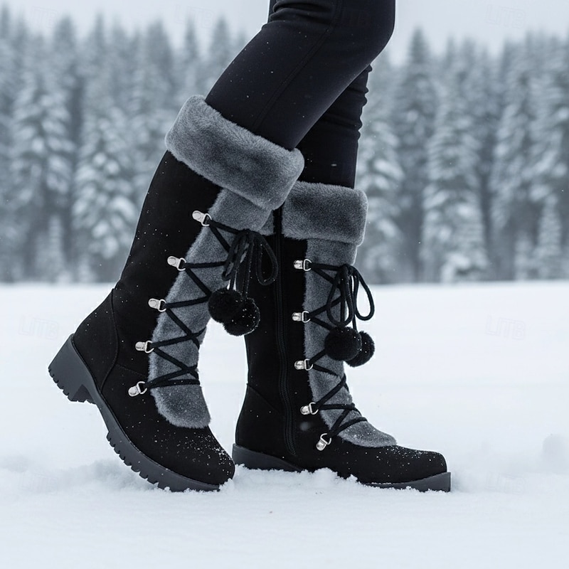 Women's Black Lace-Up Winter Boots with Faux Fur Trim, Pom-Pom Details, and Rugged Non-Slip Sole for Outdoor Snow and Cold Weather Wear