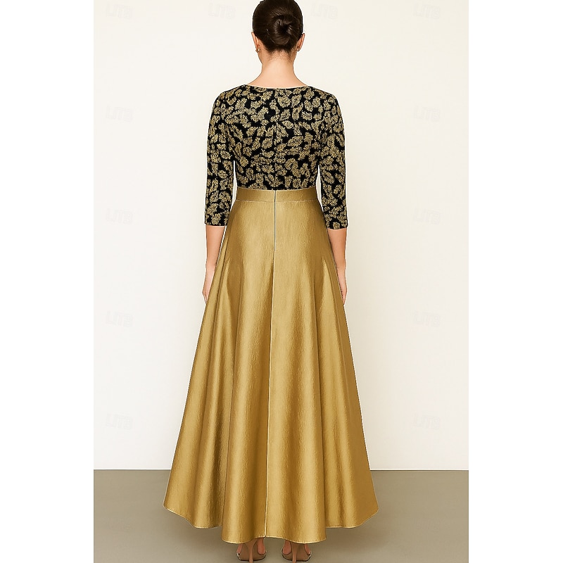 Gold Black Sequined A-Line Evening Gown Elegant Formal Dress Formal Wedding Asymmetrical Short Sleeve Crew Neck Pocket Satin with Floral Print 20254