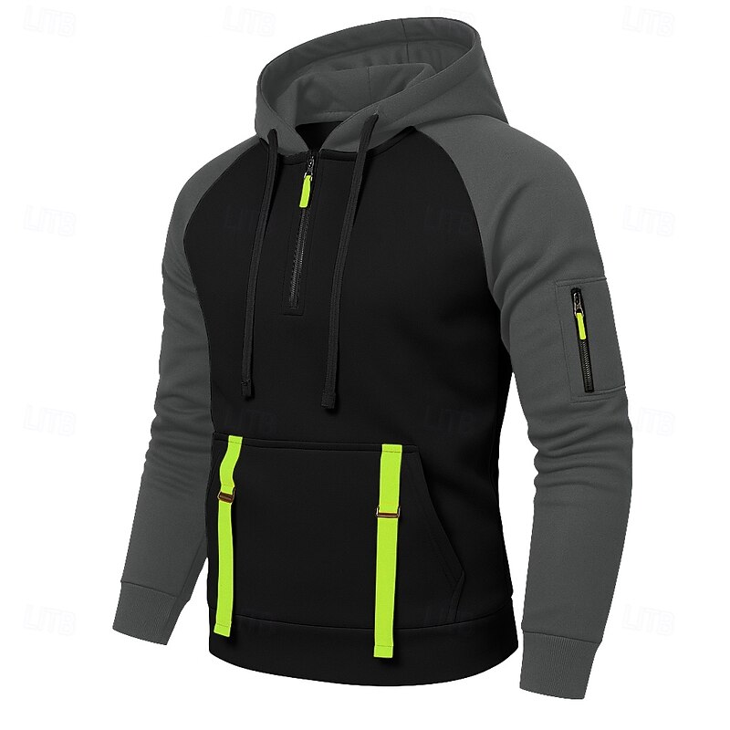Men's Hoodie Quarter Zip Hoodie Fleece Hoodie Tactical Hoodie Black Khaki Dark Gray Hooded Plain Patchwork Zipper Color Block Sports & Outdoor Casual Daily Streetwear Cool Sportswear Spring &  Fall3