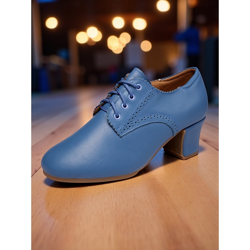 Women's Genuine Leather Blue Lace-Up Oxford Dance Shoes with Low Block Heel - Professional Ballroom & Latin Practice Footwear2